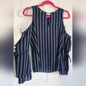 Michael Kors Navy and White Striped Cold-Shoulder Blouse